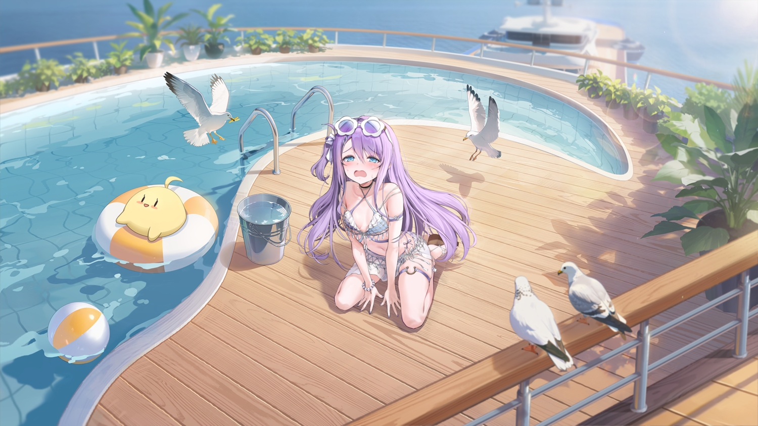animal, anthropomorphism, azur_lane, ball, bikini, bird, blue_eyes, blush
