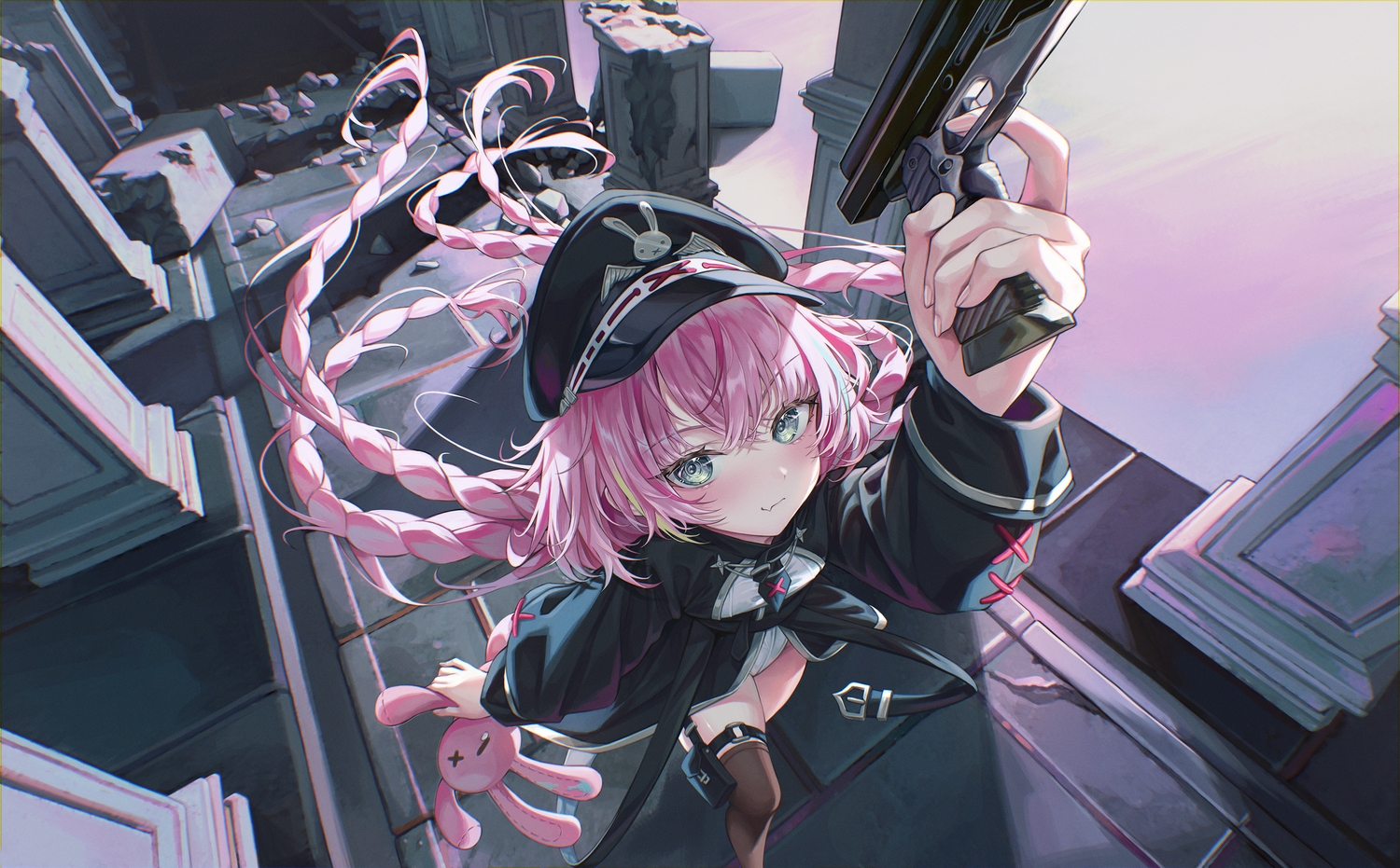 blush, braids, bunny, close, egen_tee, fang, garter, gray_eyes, gun, hanako_nana, hat, leotard, long_hair, pink_hair, ruins, stellive, thighhighs, weapon