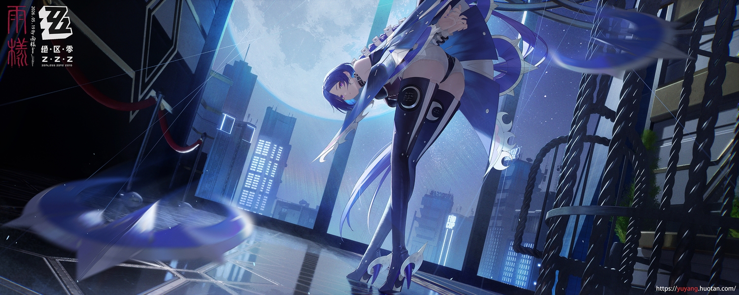 ass, blue_hair, bondage, building, choker, city, logo, long_hair, moon, night, promeia_(zenless_zone_zero), purple_eyes, rain_sama, signed, sky, stars, thighhighs, watermark, zenless_zone_zero