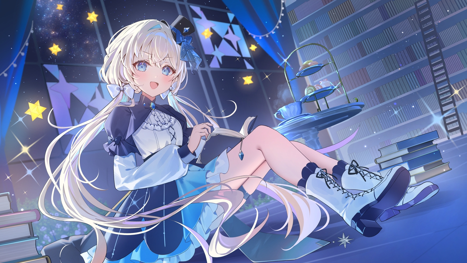azna, blue_eyes, blush, book, boots, bow, dress, drink, flowers, food, garter, gray_hair, hat, long_hair, night, sky, stars, twintails