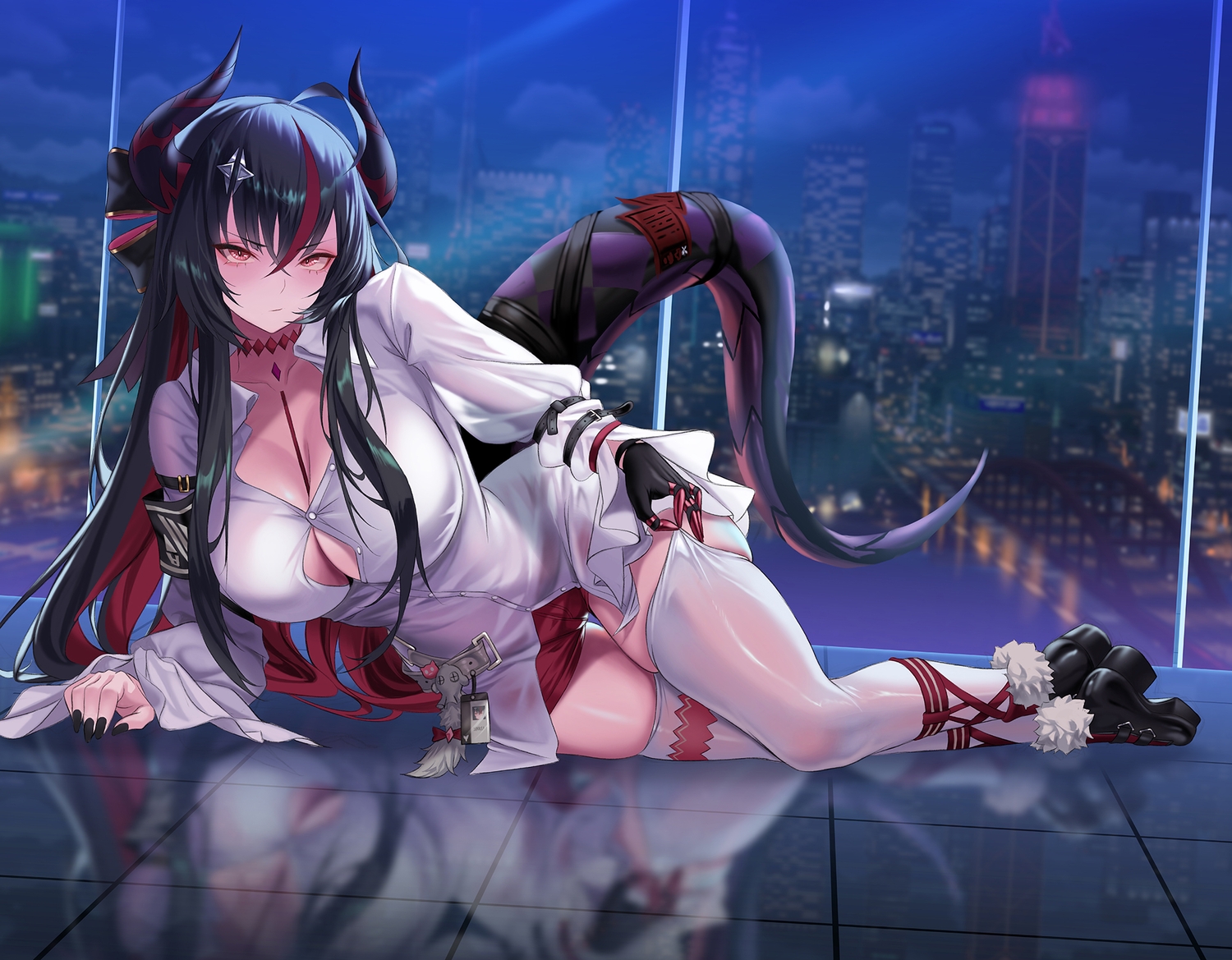 black_hair, breasts, building, city, cleavage, clouds, gloves, horns, long_hair, mad_kimo, neverness_to_everness, no_bra, red_eyes, reflection, see_through, shinku_(nte), shirt, shorts, sky, tail, thighhighs, zettai_ryouiki