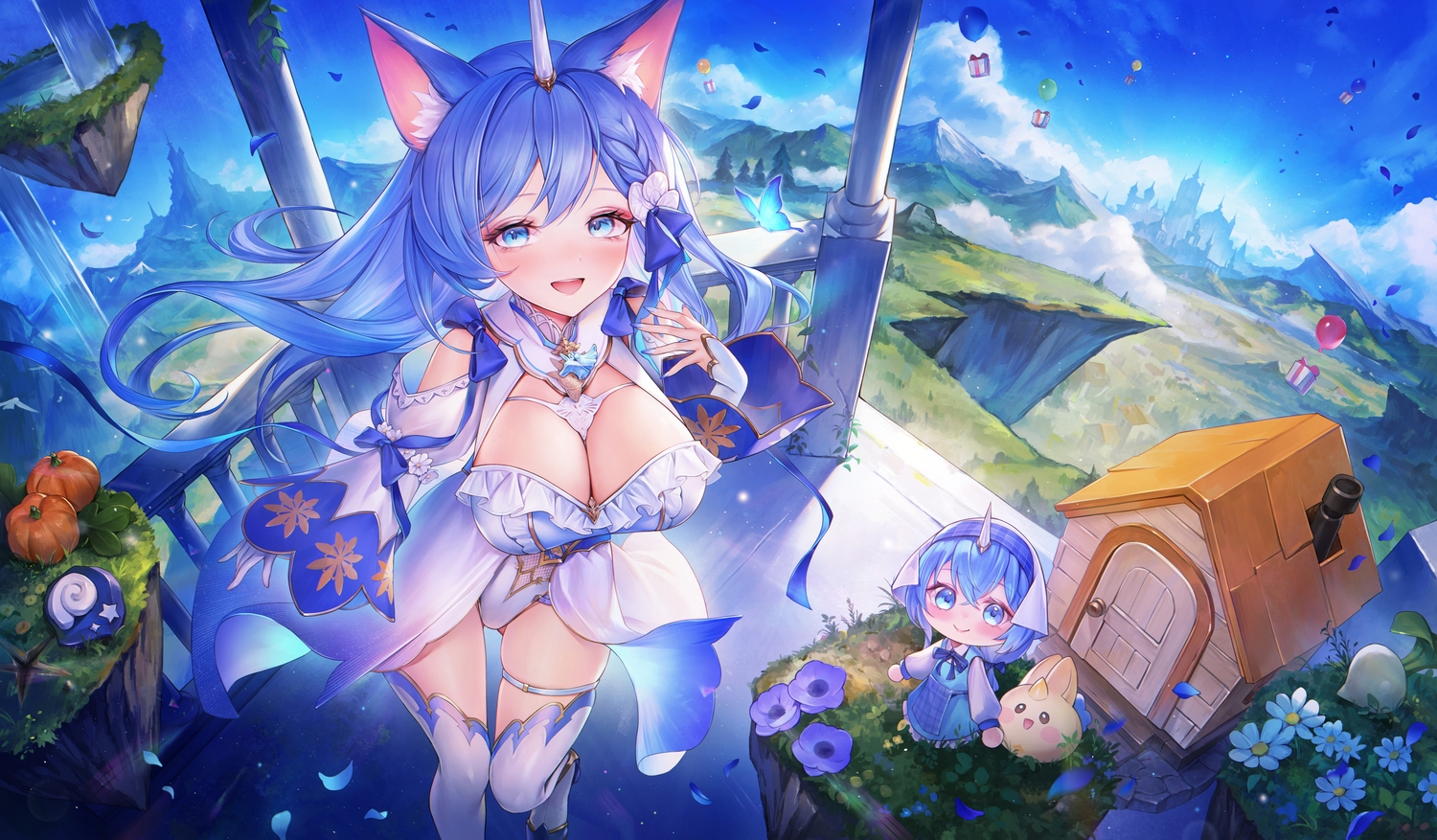 animal_ears, blue_hair, blush, bow, braids, breasts, building, butterfly, chibi, cleavage, clouds, flowers, garter, gloves, horns, indie_virtual_youtuber, long_hair, petals, pumpkin, sky, tagme_(character), thighhighs, yahiro_(heartseek000)