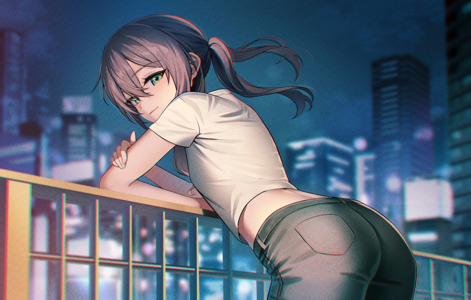 ass, brown_hair, building, city, clouds, green_eyes, long_hair, original