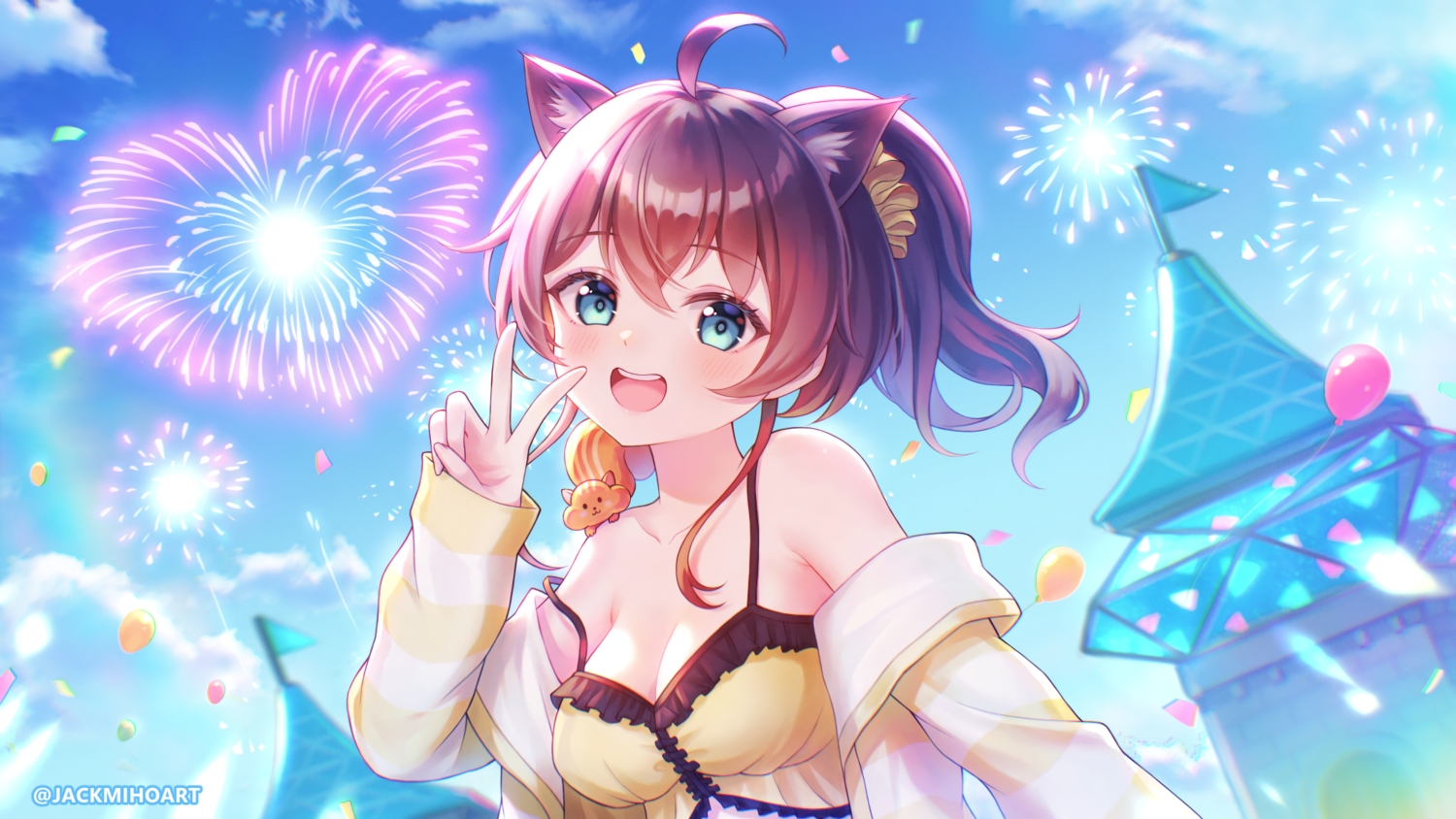 animal, blue_eyes, blush, breasts, brown_hair, building, cleavage, close, clouds, fireworks, hololive, jackmiho, long_hair, natsuiro_matsuri, ponytail, sky, watermark