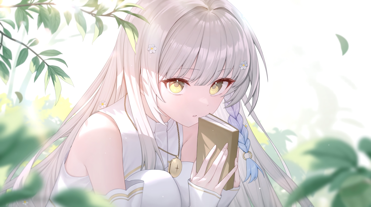 book, braids, close, gray_hair, kanade_(kanade), kanade_(vn), leaves, long_hair, necklace, roi_(liu_tian), yellow_eyes