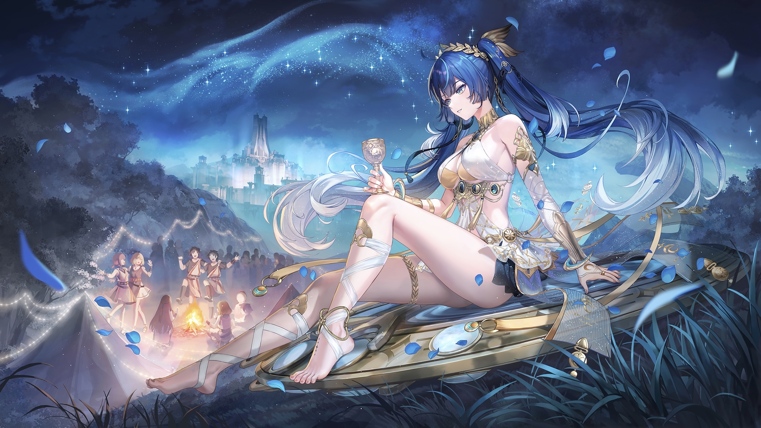 barefoot, blonde_hair, blue_hair, breasts, building, cleavage, clouds, criin