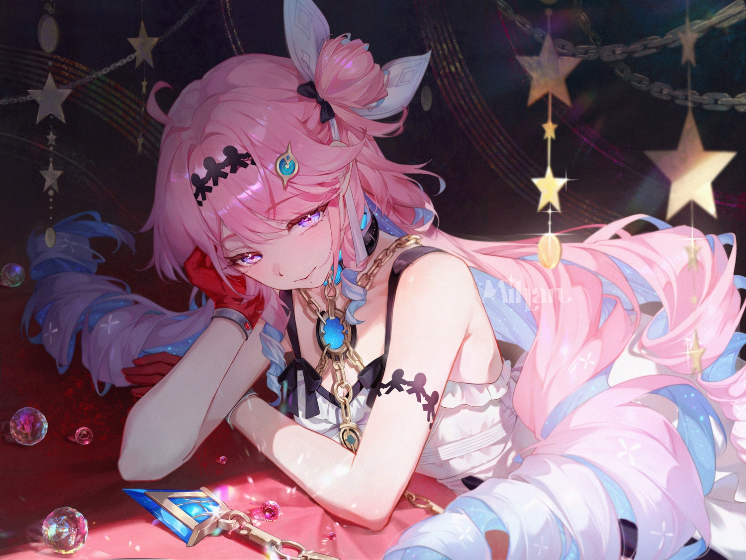 bow, chain, close, denia_(wuthering_waves), dress, gloves, headband, long_hair, mihan_(mihan_art), pink_hair, purple_eyes, watermark, wuthering_waves