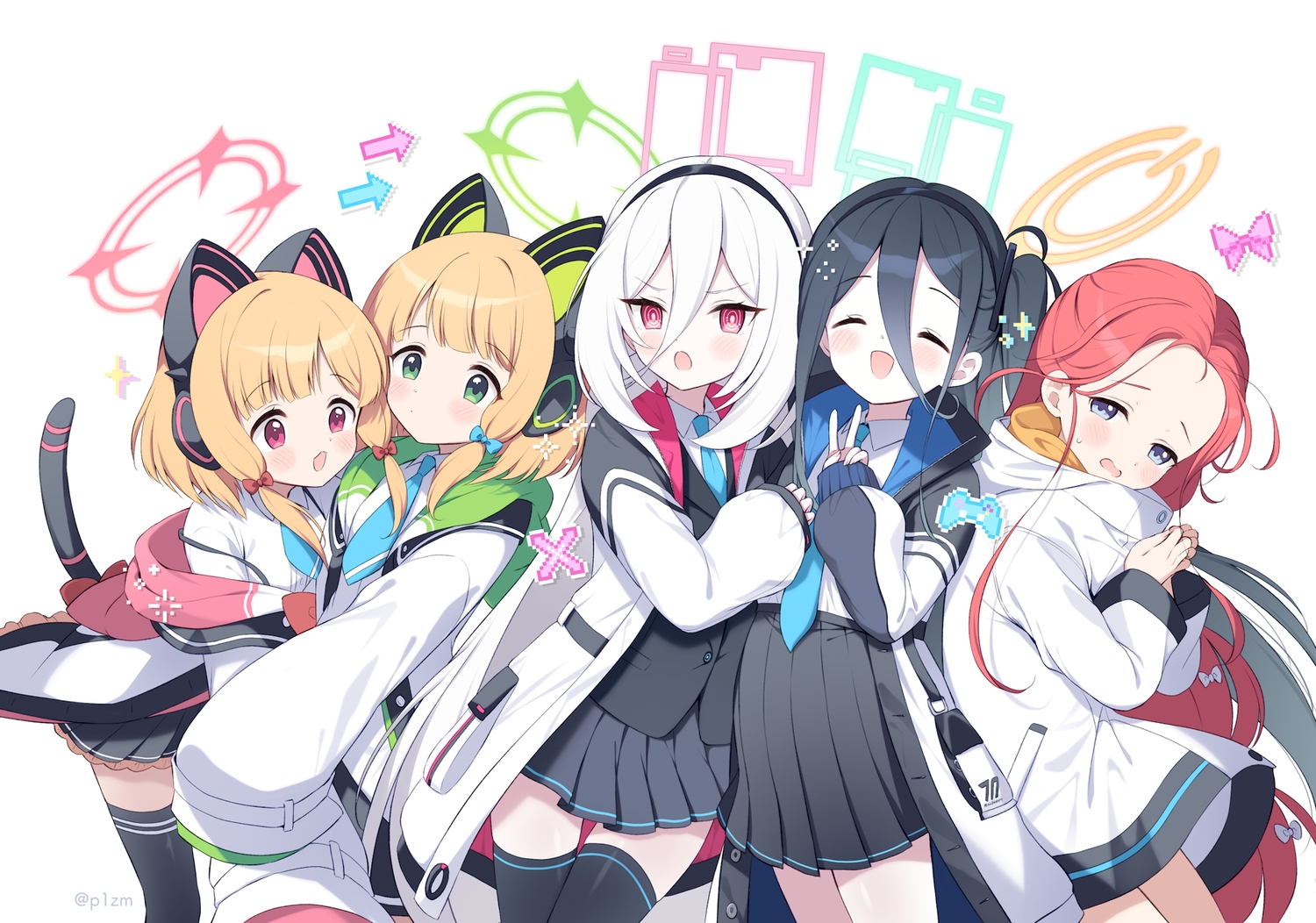 animal_ears, black_hair, blonde_hair, blue_archive, blue_eyes, blush, bow, catgirl