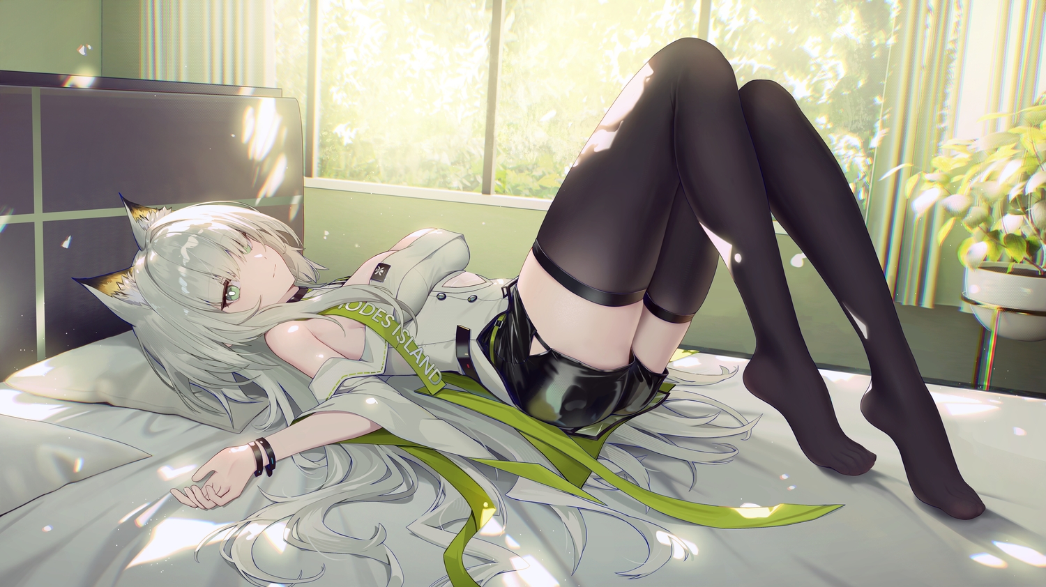 aqua_eyes, arknights, bed, breasts, catgirl, cleavage, gray_hair, kal'tsit_(arknights), long_hair, no_bra, shorts, thighhighs, zayur, zettai_ryouiki