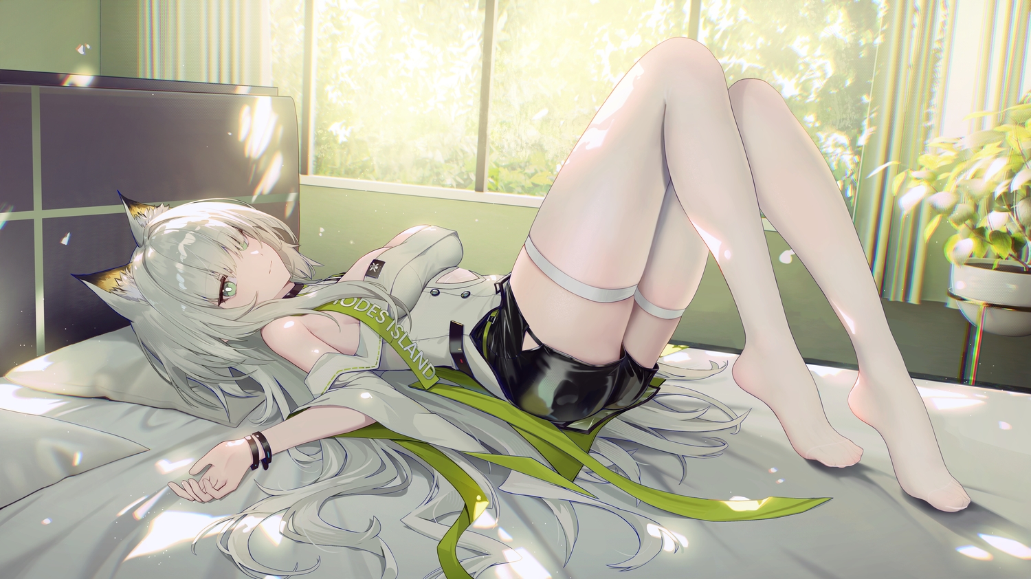 aqua_eyes, arknights, bed, breasts, catgirl, cleavage, gray_hair, kal'tsit_(arknights)