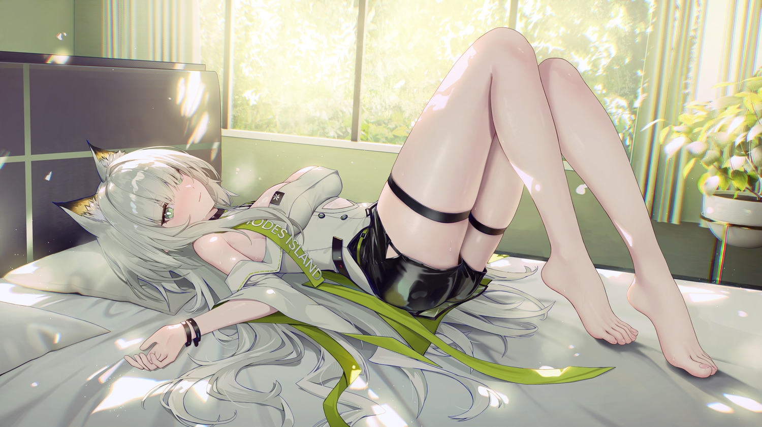 aqua_eyes, arknights, barefoot, bed, blush, breasts, catgirl, cleavage