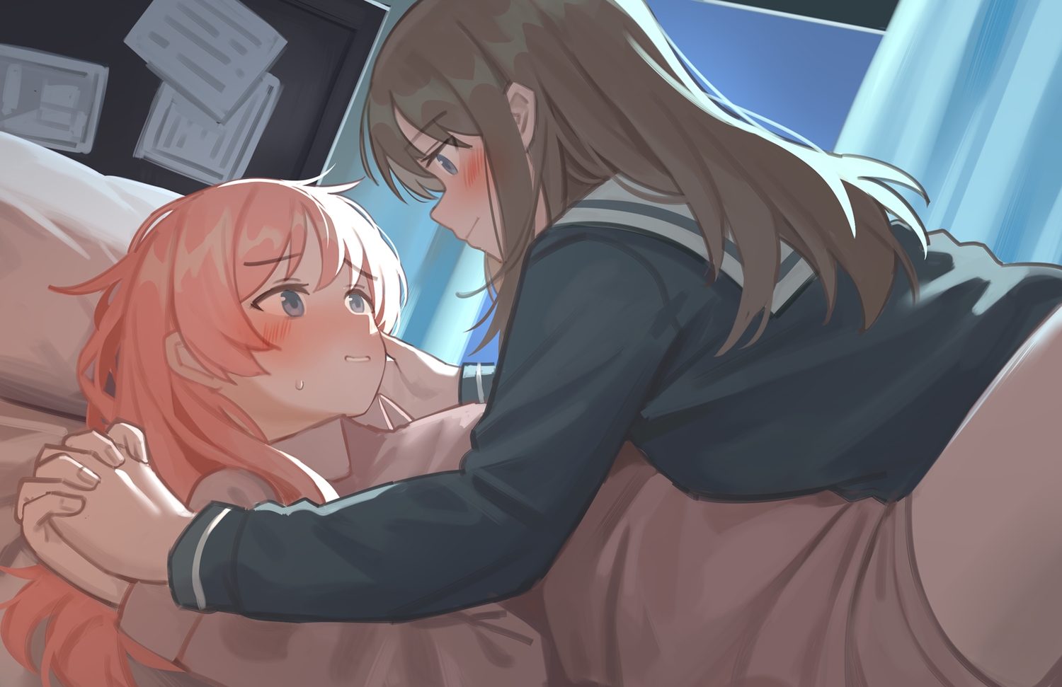 2girls, bed, blue_eyes, blush, brown_hair, long_hair, milktea, original, pink_hair, school_uniform, shoujo_ai