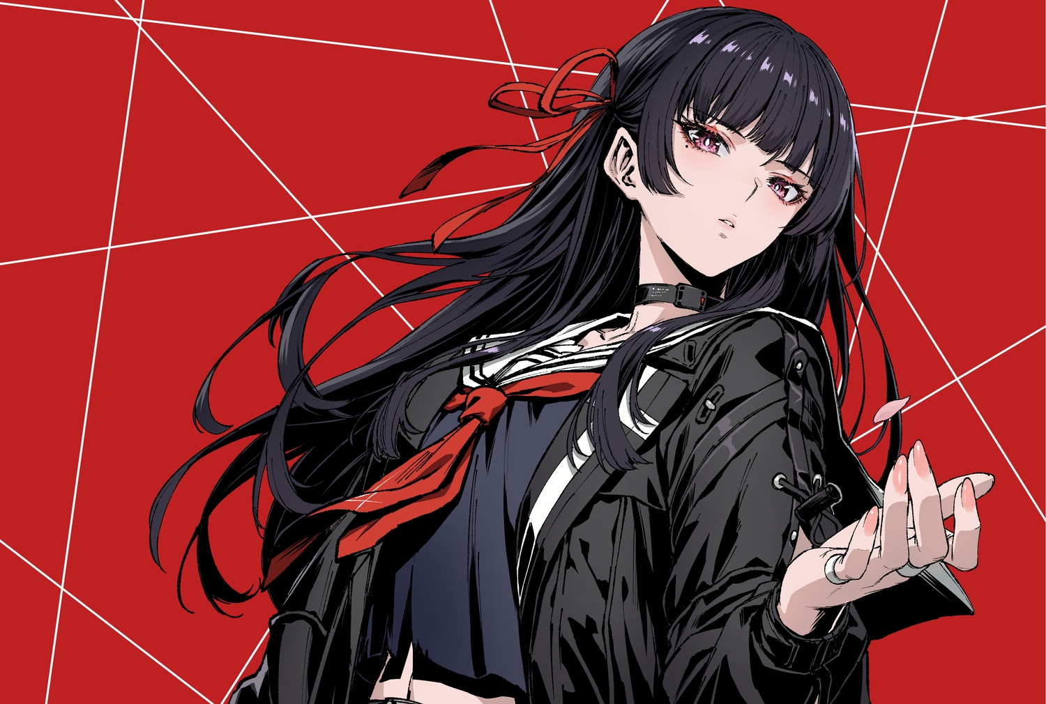 black_hair, chisa_(wuthering_waves), close, collar, long_hair, mugetsu2501, pink_eyes, red, school_uniform, wuthering_waves