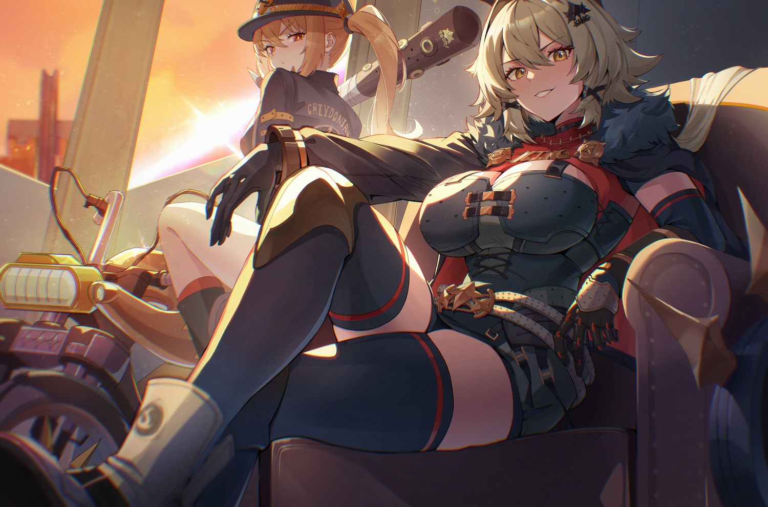 2girls, baseball_bat, bicycle, blonde_hair, breasts, caesar_king_(zenless_zone_zero), cleavage, couch