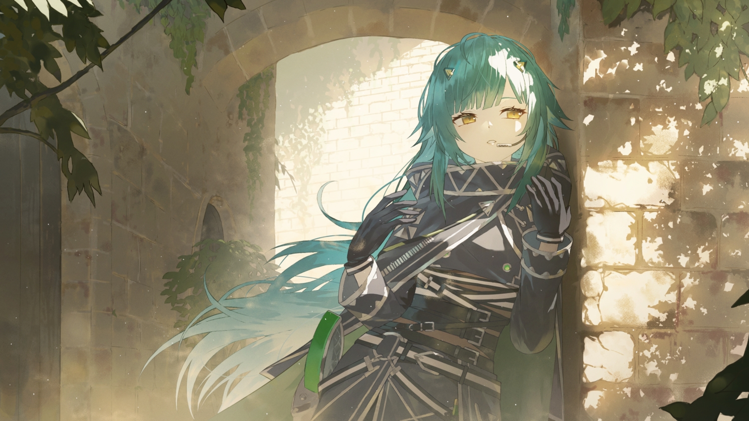 building, close, fagi_(kakikaki), gloves, green_hair, kitakouji_hisui, long_hair, microphone