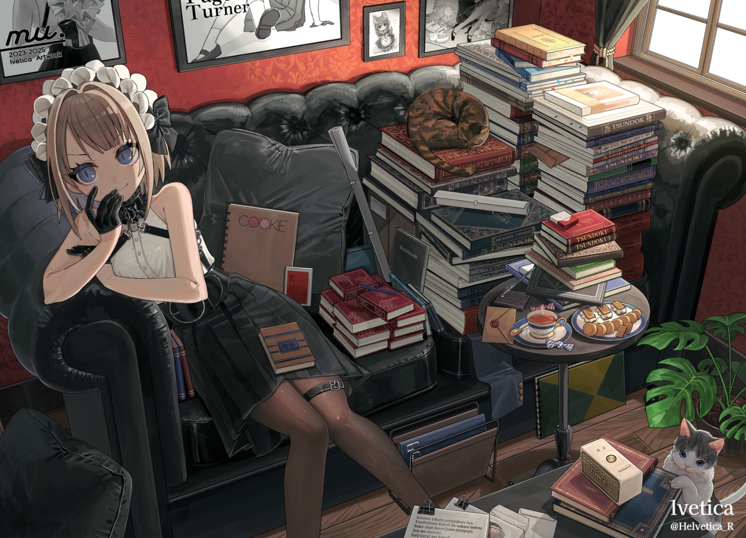 animal, blue_eyes, book, bow, brown_hair, candy, cat, collar, couch, drink, food, garter, gloves, headband, lvetica, maid, original, pantyhose, short_hair