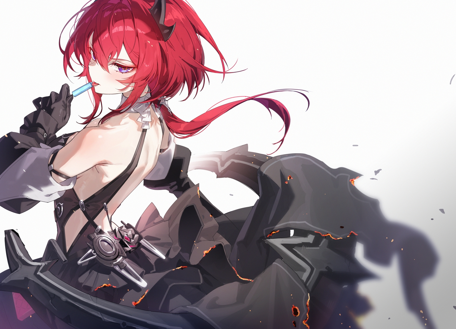 arknights, arknights:_endfield, close, dress, food, gloves, horns, laevatein_(arknights)