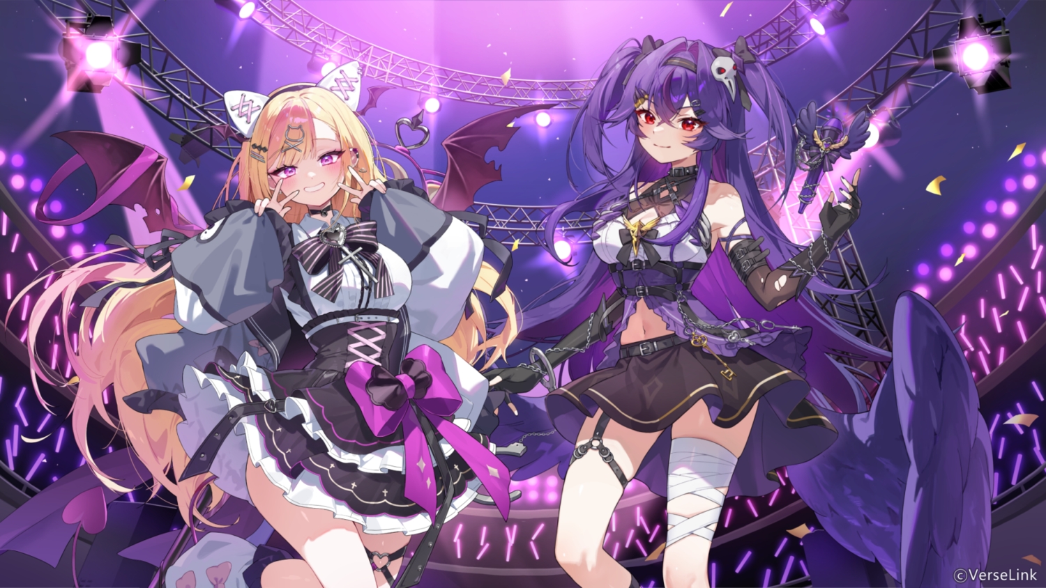 2girls, animal_ears, bandage, blonde_hair, blush, bow, chain, elbow_gloves
