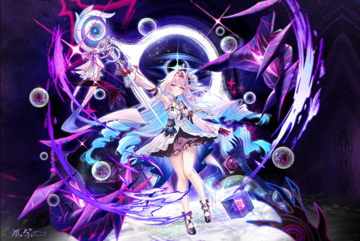 aleph-1_(wuthering_waves), chain, choker, denia_(wuthering_waves), dress, gloves, headband, kazamatsuri_honatsu
