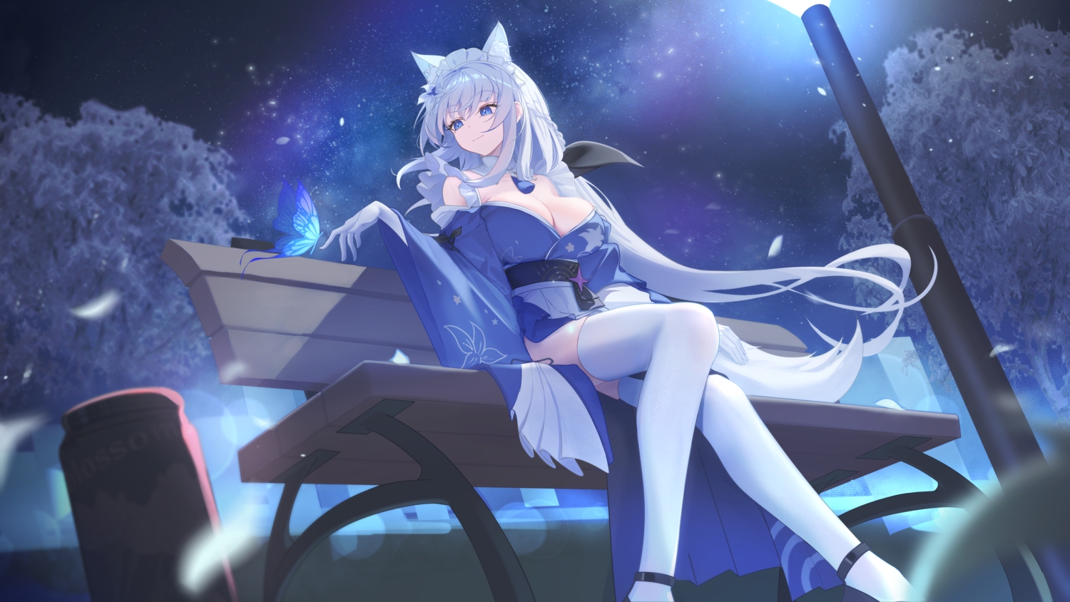 animal_ears, blue_eyes, braids, breasts, butterfly, cleavage, elbow_gloves, gloves, gray_hair, headband, japanese_clothes, long_hair, mooruck4, night, otoha_(stella_sora), sky, stars, stella_sora, tail, thighhighs