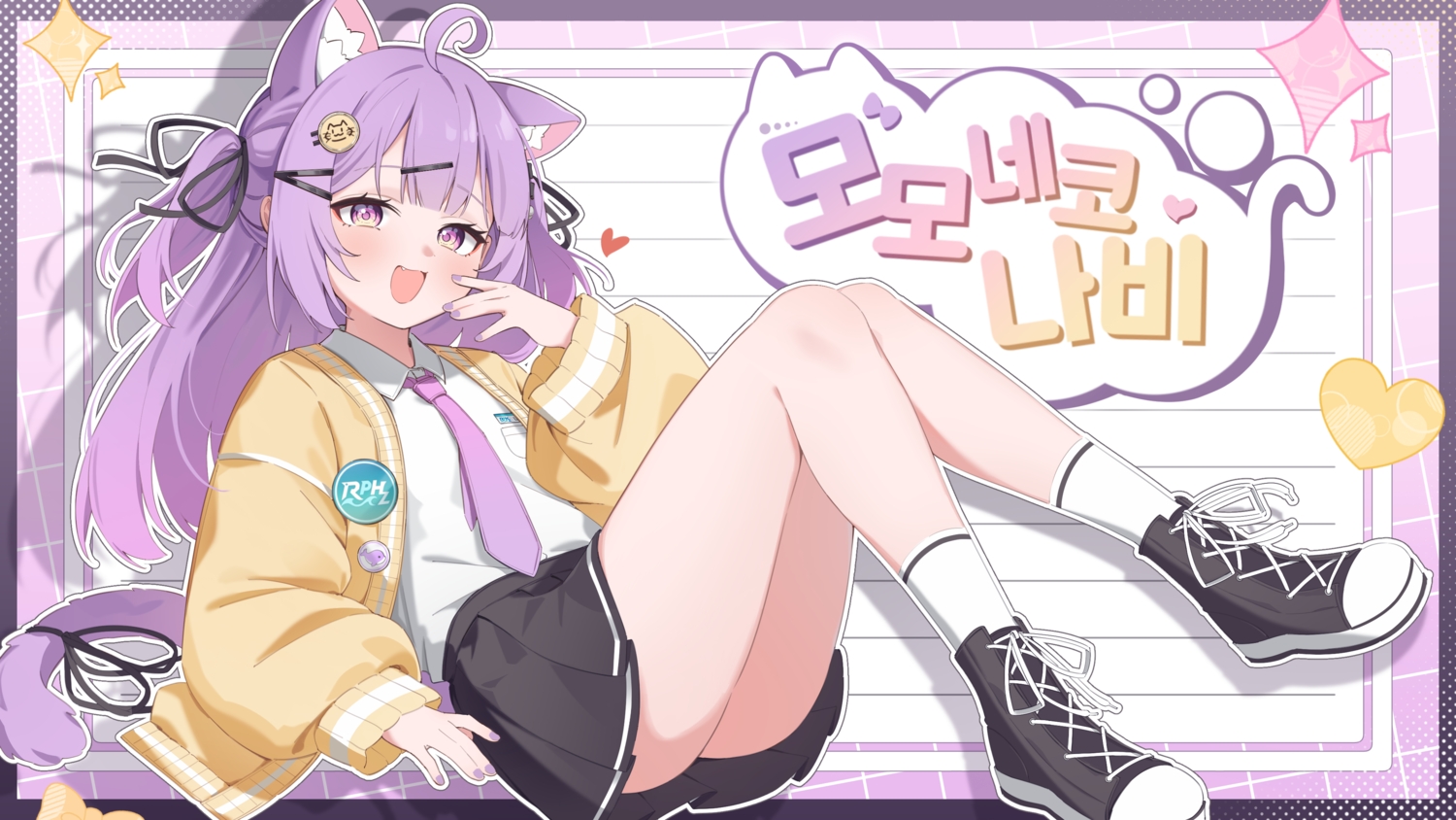 animal_ears, blush, catgirl, cat_smile, fang, heart, indie_virtual_youtuber, long_hair