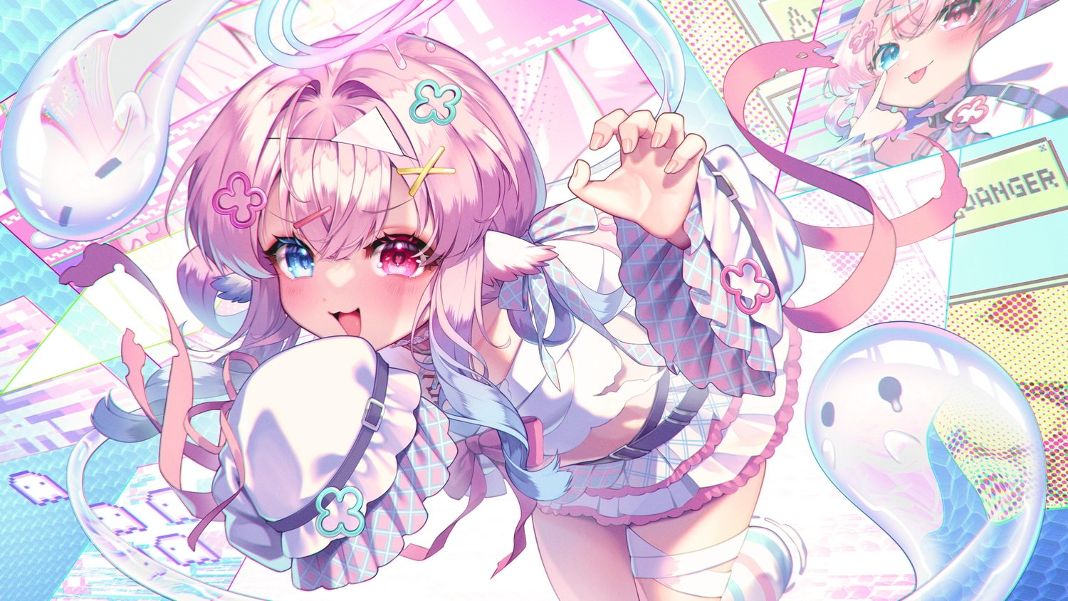 animal_ears, bicolored_eyes, blush, cat_smile, choker, garter, halo, headdress