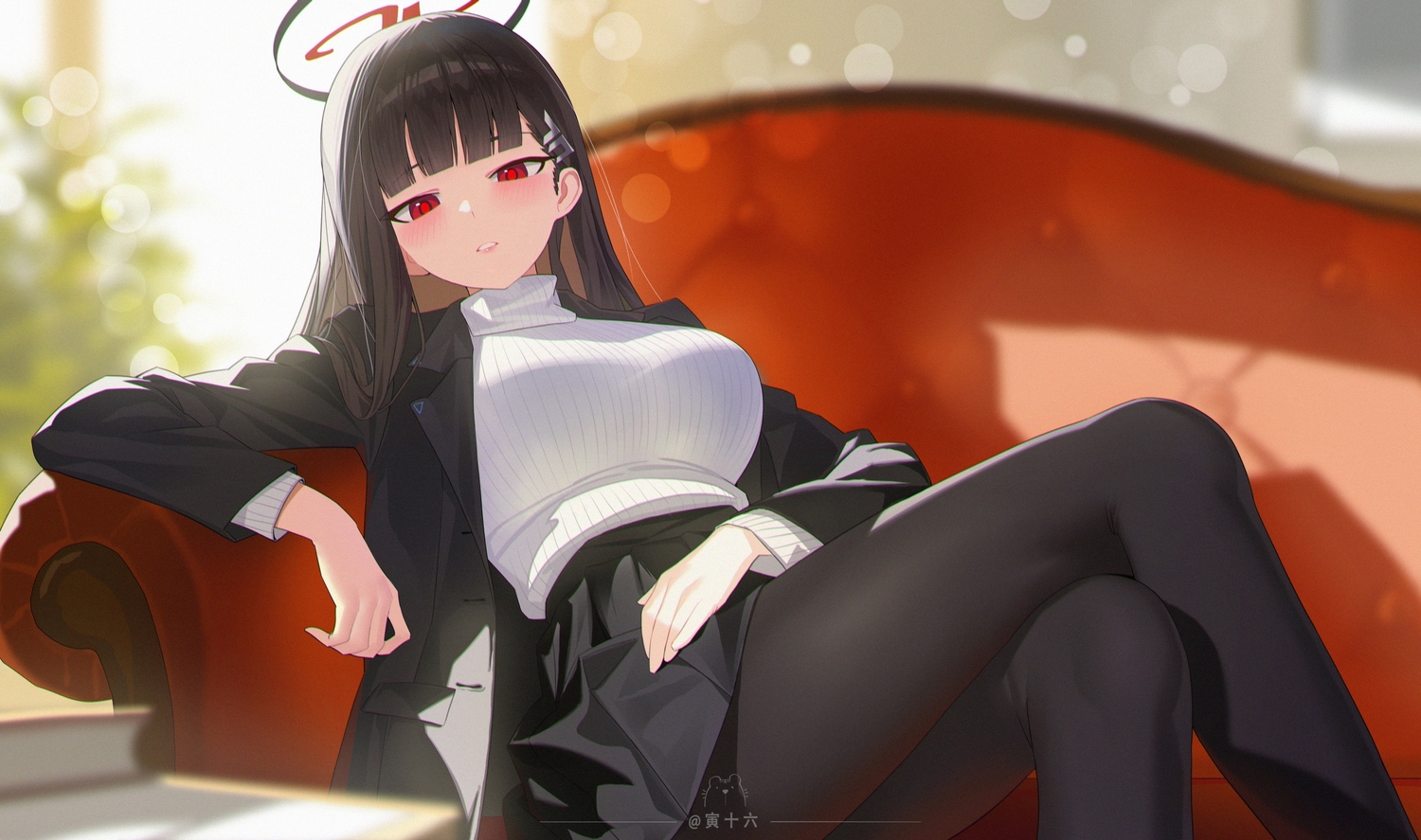 benpao_de_ruoji, black_hair, blue_archive, blush, couch, halo, long_hair, pantyhose