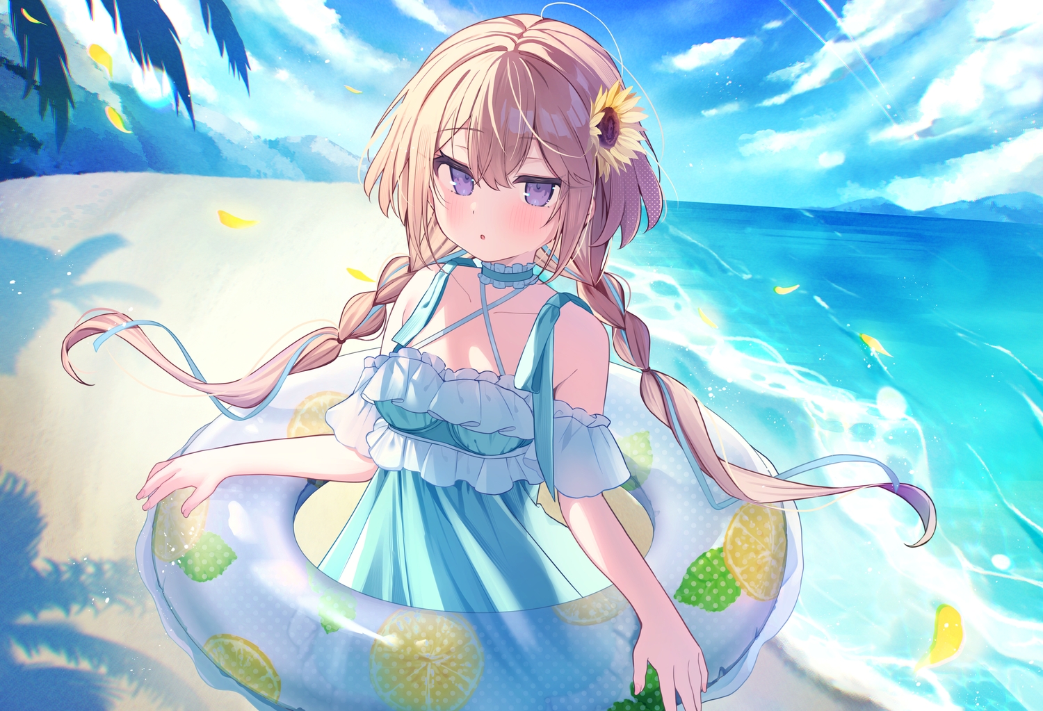 beach, blush, braids, brown_hair, clouds, dress, ebihara_beniko, long_hair, mochi_(ebihara_beniko), original, petals, purple_eyes, sky, summer_dress, swim_ring, twintails, water