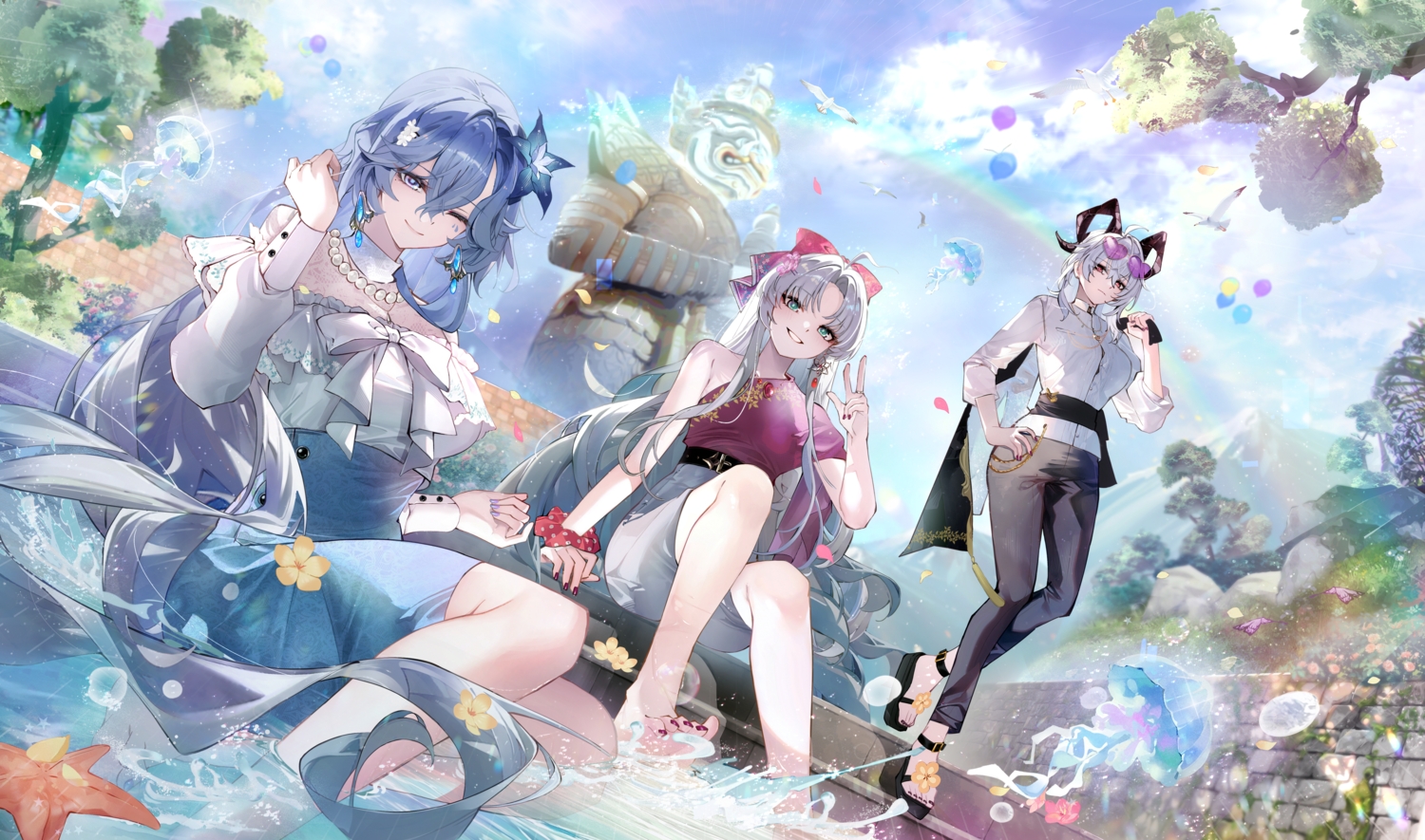 animal, aqua_eyes, barefoot, blue_hair, bow, cantarella_(wuthering_waves), carlotta_(wuthering_waves), clouds