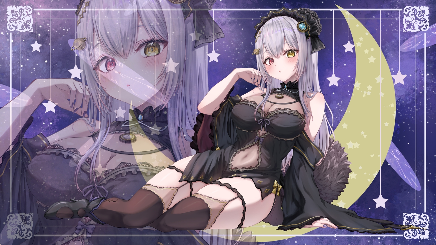 bicolored_eyes, blush, breasts, cleavage, dress, goth-loli, gray_hair, headband, indie_virtual_youtuber, lolita_fashion, long_hair, minase_tsukino, navel, see_through, stockings, yuzu_hirari, zoom_layer