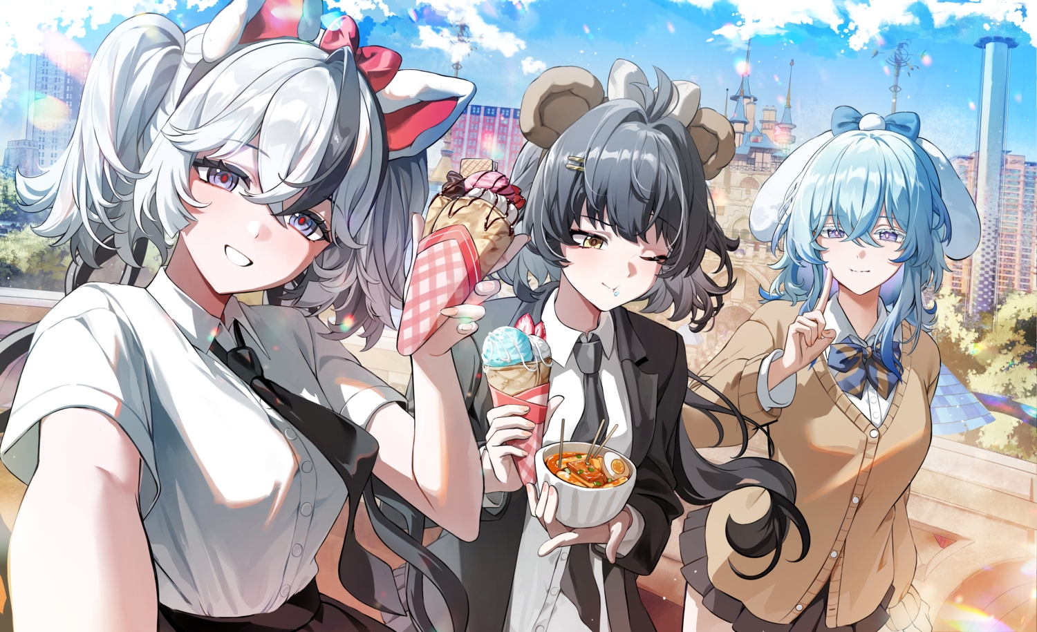 animal_ears, aqua_hair, black_hair, bow, building, camellya_(wuthering_waves), city, close