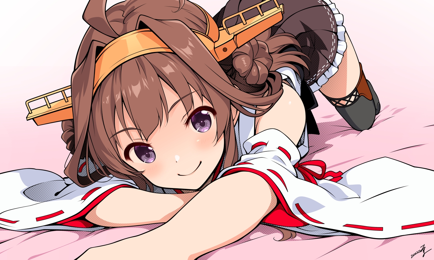 anthropomorphism, blush, brown_hair, close, gradient, headband, japanese_clothes, kantai_collection