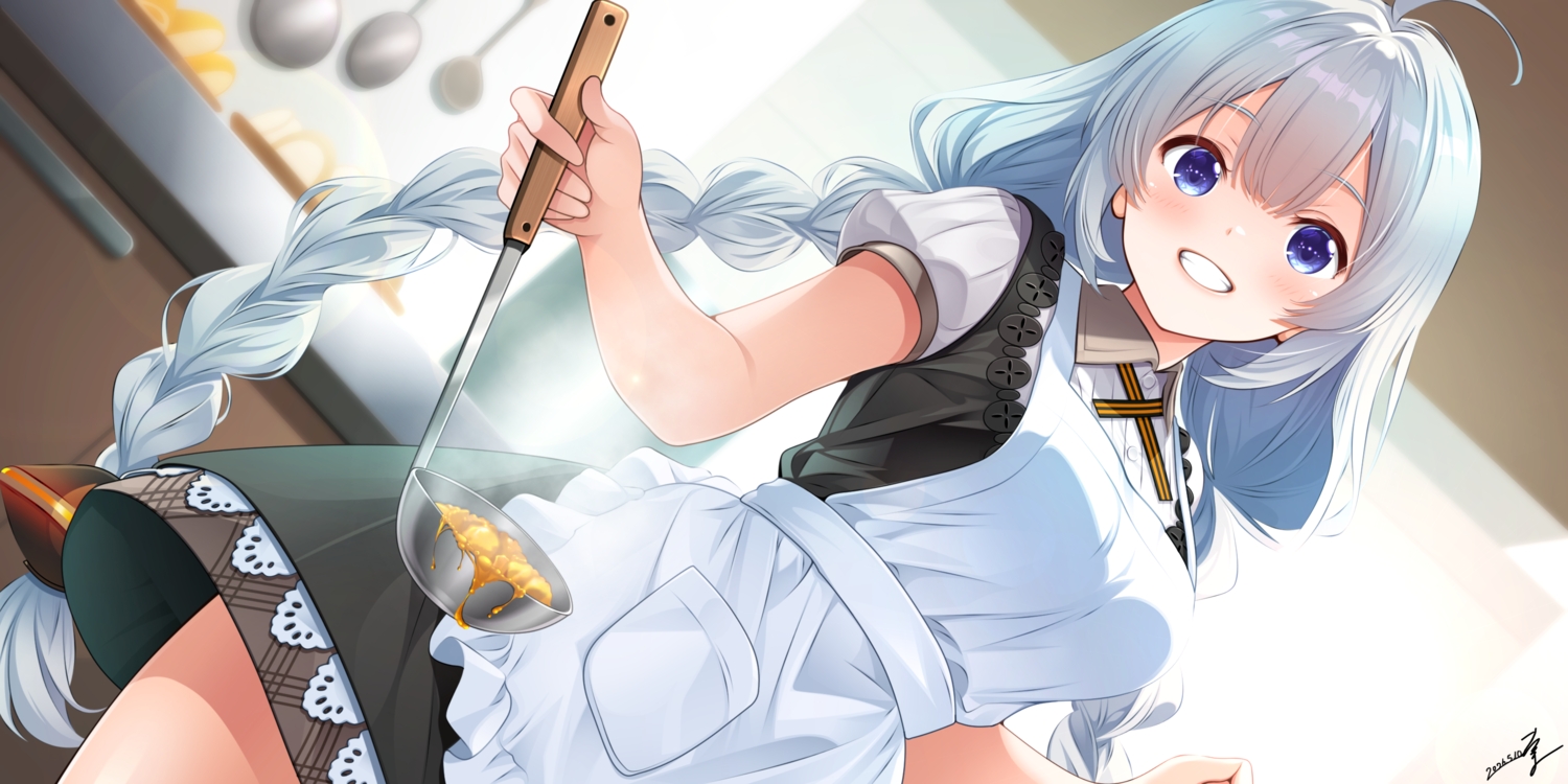 apron, blue_eyes, blush, braids, close, dress, food, gray_hair