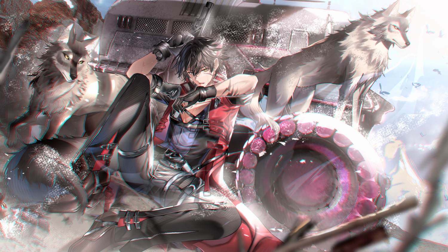 all_male, animal, animal_ears, arknights, arknights:_endfield, black_hair, chan100577, combat_vehicle