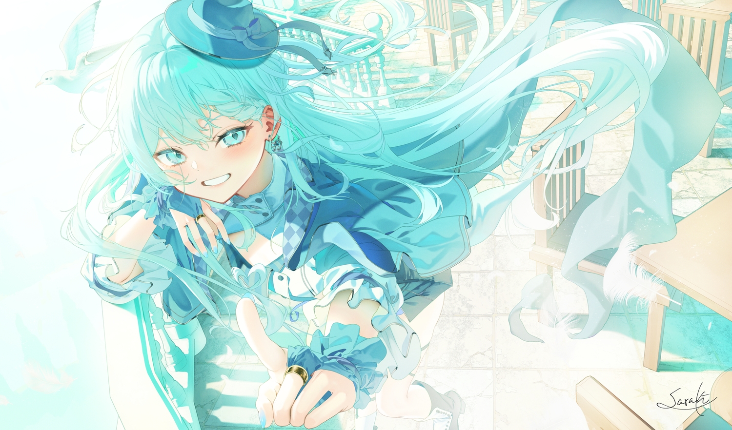 animal, aqua_eyes, aqua_hair, bird, boots, braids, close, feathers