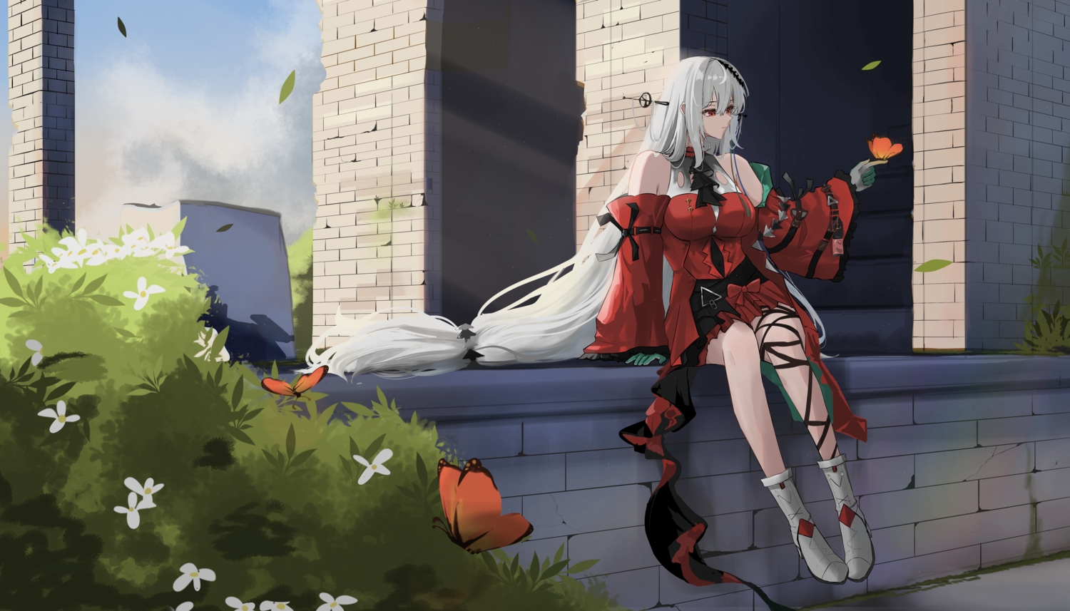 albaaaqp, arknights, boots, building, butterfly, clouds, dress, flowers, gloves, gray_hair, leaves, long_hair, red_eyes, skadi_(arknights), sky