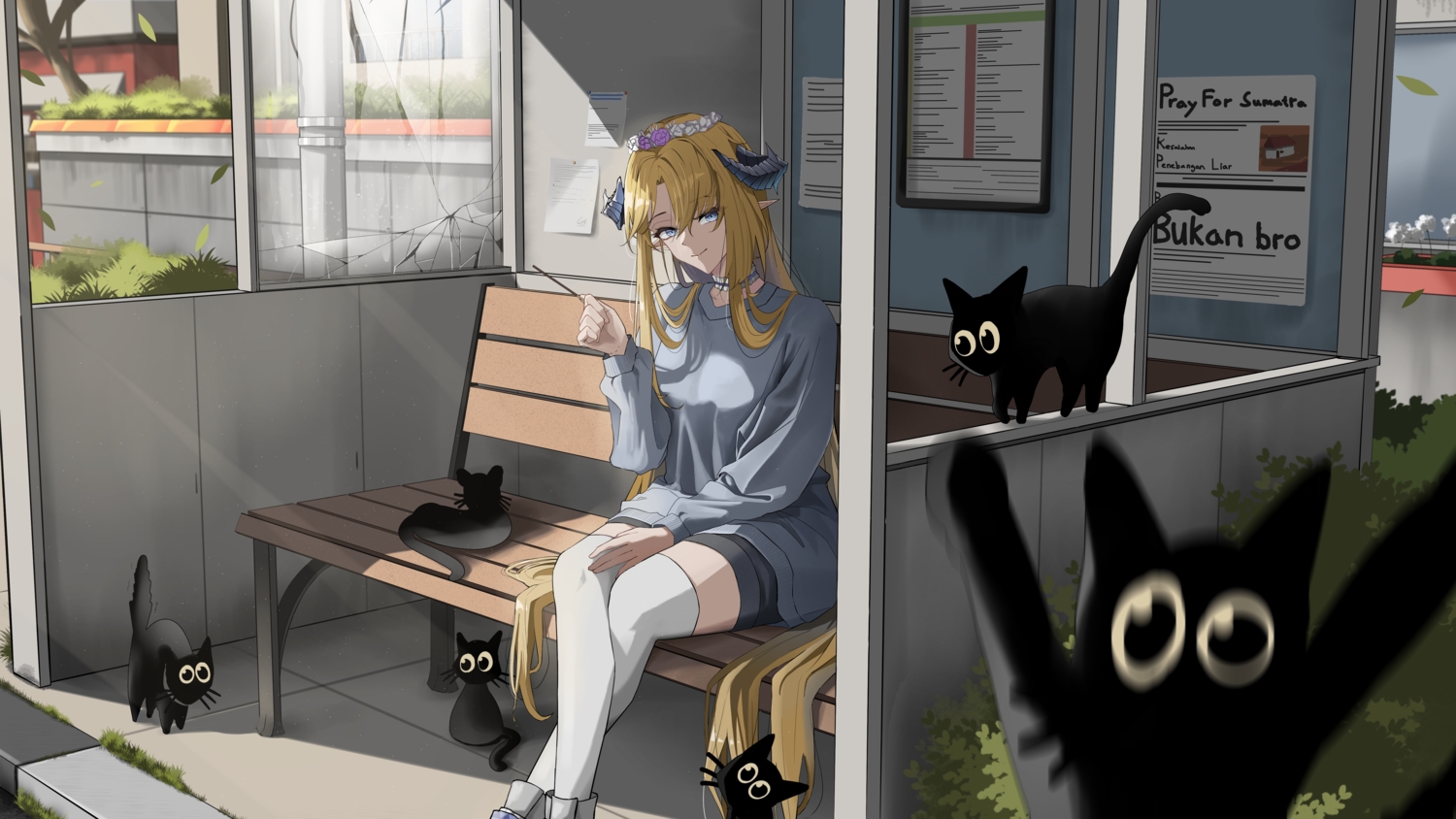 albaaaqp, animal, arknights, blonde_hair, blue_eyes, building, cat, choker, food, headdress, horns, leaves, long_hair, luo_xiaohei, paper, pocky, pointed_ears, saileach_(arknights), shade, shorts, thighhighs, zettai_ryouiki