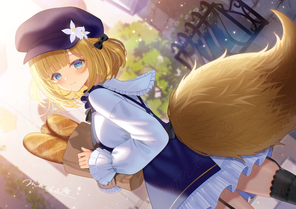 blonde_hair, blue_eyes, bow, building, dress, food, foxgirl, garter_belt