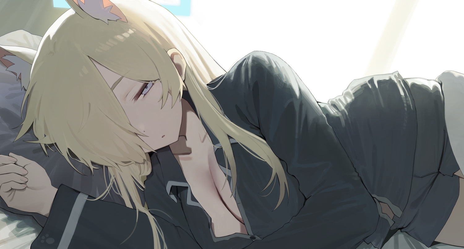 animal_ears, bed, blonde_hair, blue_archive, blue_eyes, breasts, cleavage, close, doggirl, halo, long_hair, ogata_kanna, open_shirt, pajamas, shirt, shorts, yamabuki0