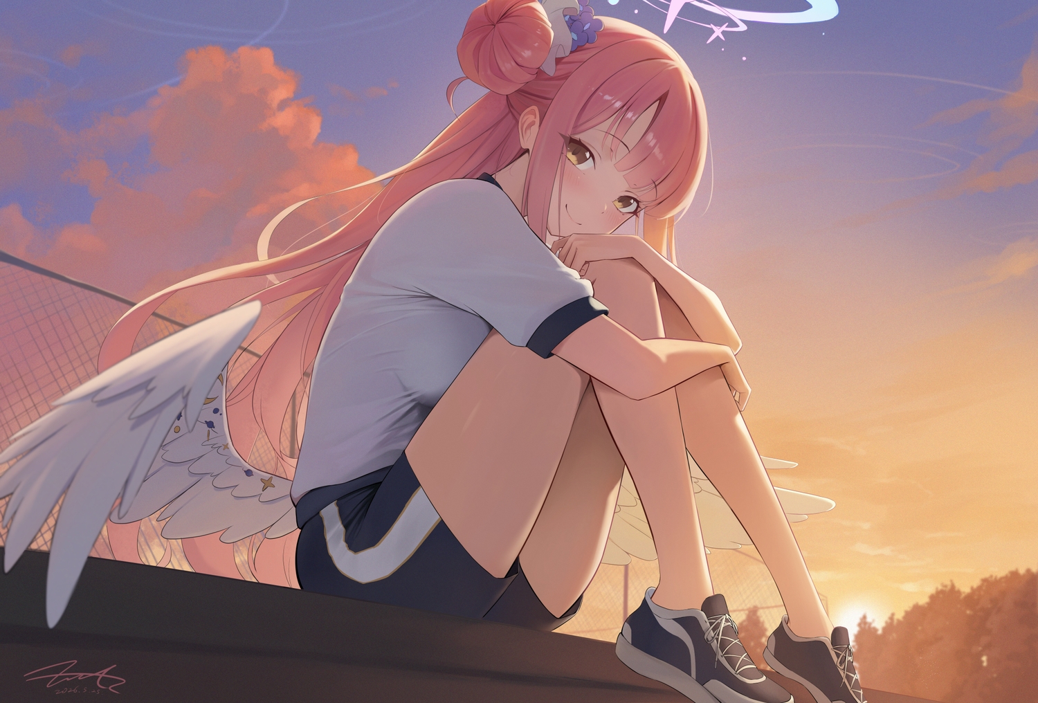 blue_archive, blush, breasts, clouds, fritz614, gym_uniform, halo, long_hair