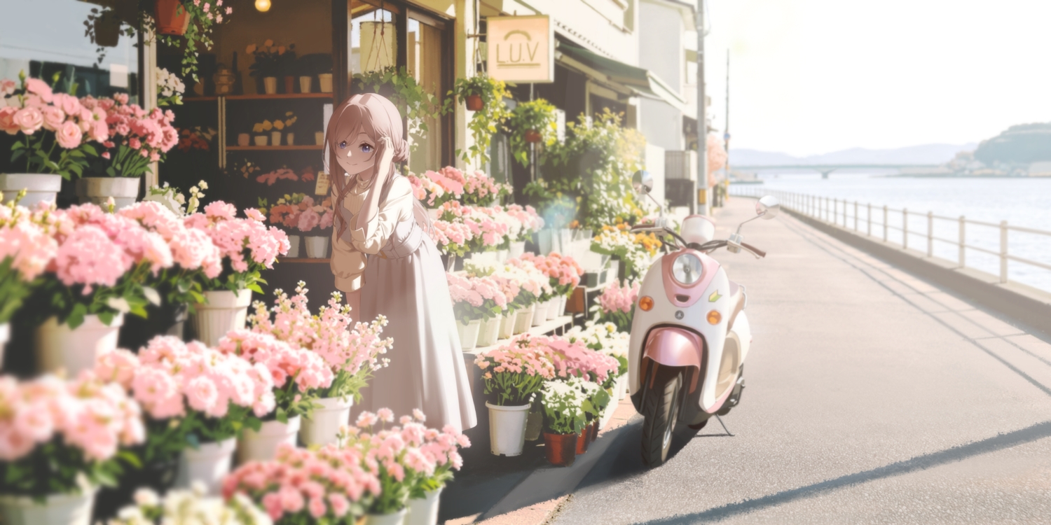 blue_eyes, brown_hair, building, dress, flowers, gakuen_idolmaster, gaoqiaoyuyin_takahashi, himesaki_rinami