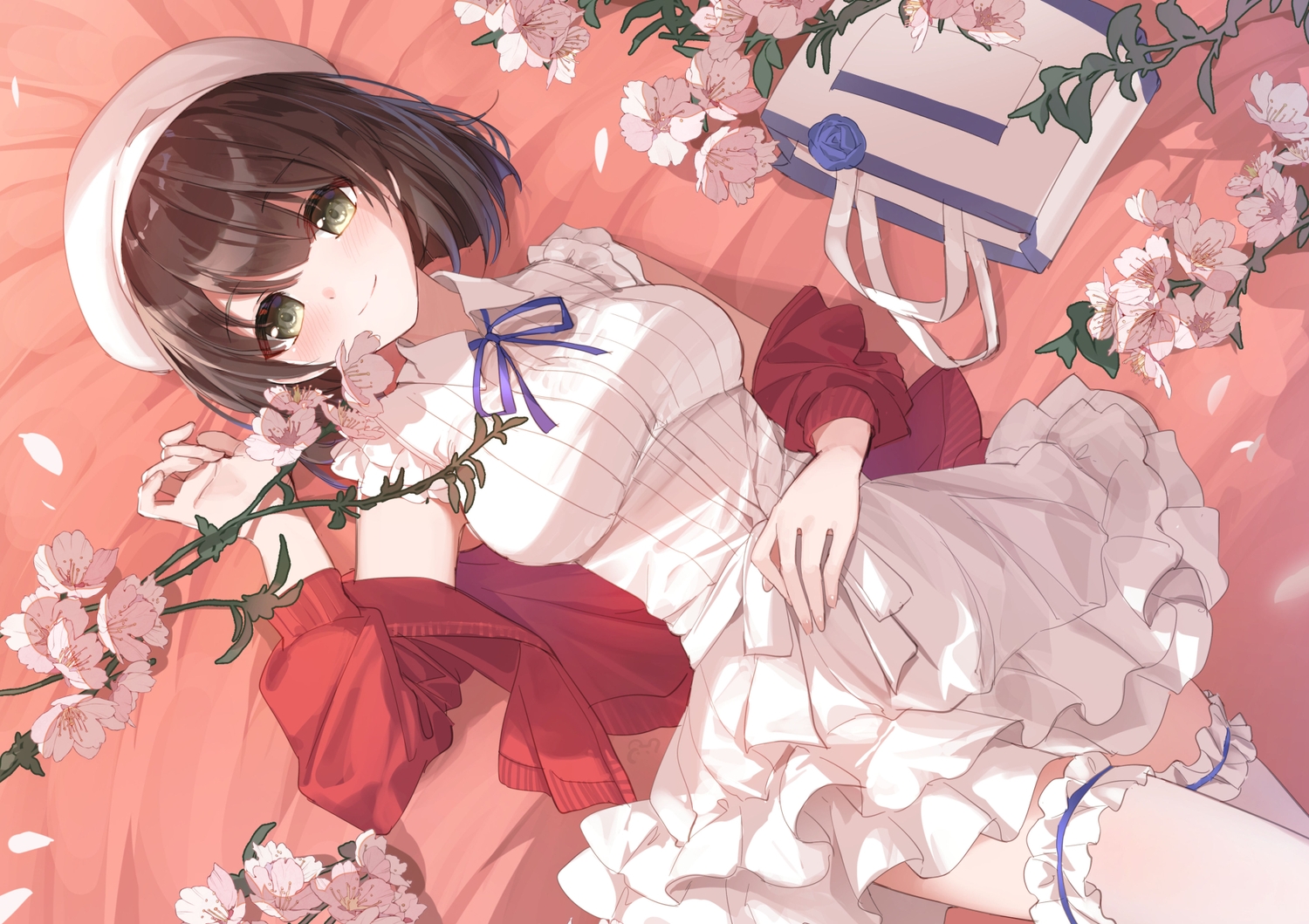 bison_cangshu, blush, bow, brown_hair, cherry_blossoms, dress, flowers, green_eyes