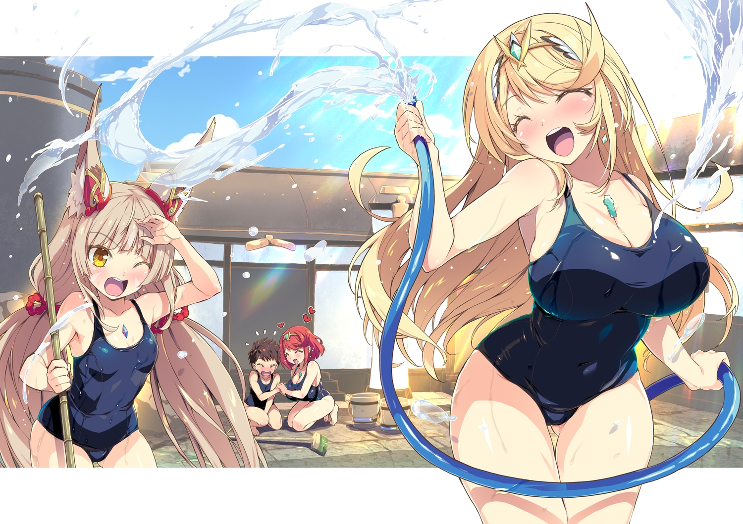 animal_ears, blonde_hair, blush, breasts, brown_hair, catgirl, cleavage, clouds