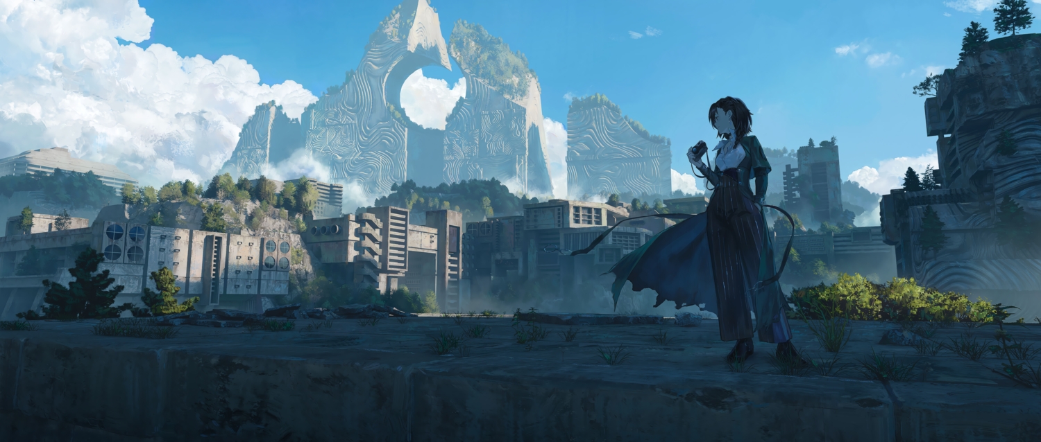black_hair, braids, building, camera, cape, city, clouds, grass