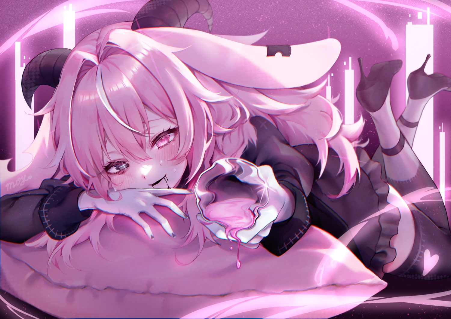 animal_ears, bicolored_eyes, blush, demon, dress, drink, femme_soule, horns, long_hair, moy, pink, pink_hair, pukey_goddess_shot_trick, signed, thighhighs