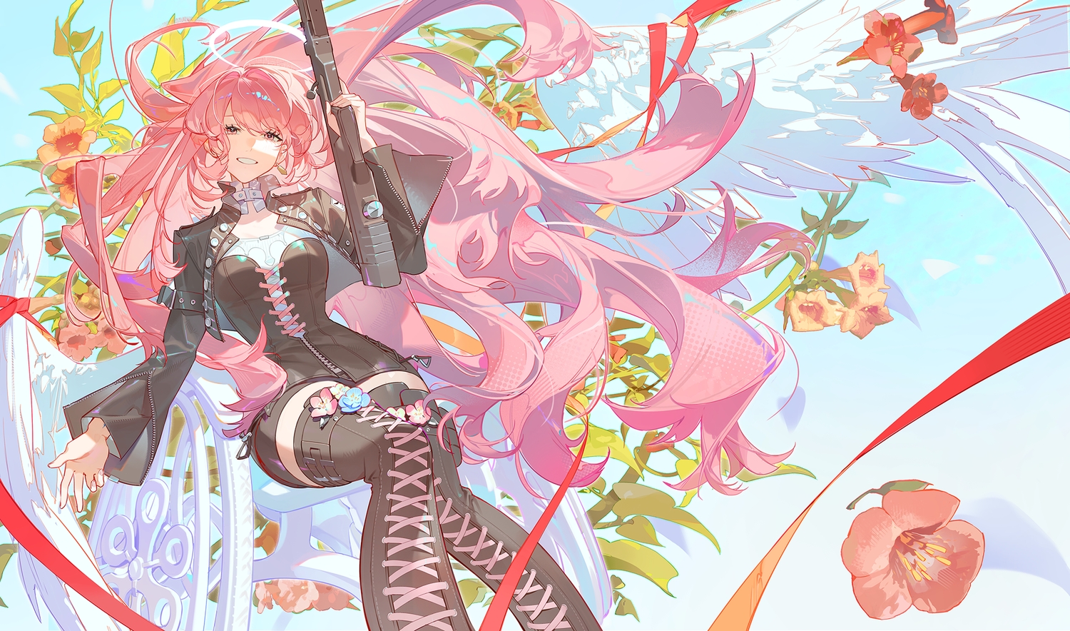 angel, arknights, boots, choker, flowers, gun, halo, lemuen_(arknights)