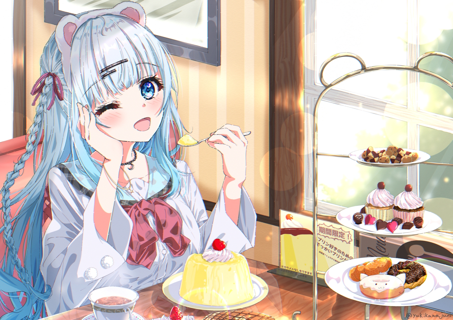 animal_ears, blue_eyes, blush, bow, braids, cake, candy, cherry