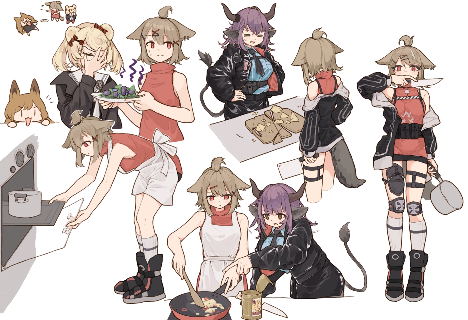 animal_ears, apron, arknights, blonde_hair, boots, brown_eyes, brown_hair, cat_smile