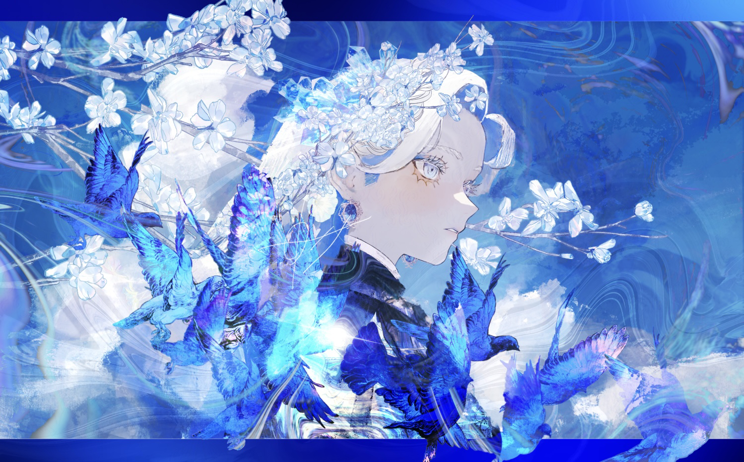 animal, bird, blue, blue_eyes, close, clouds, flowers, ham_melon_(iloha_24)
