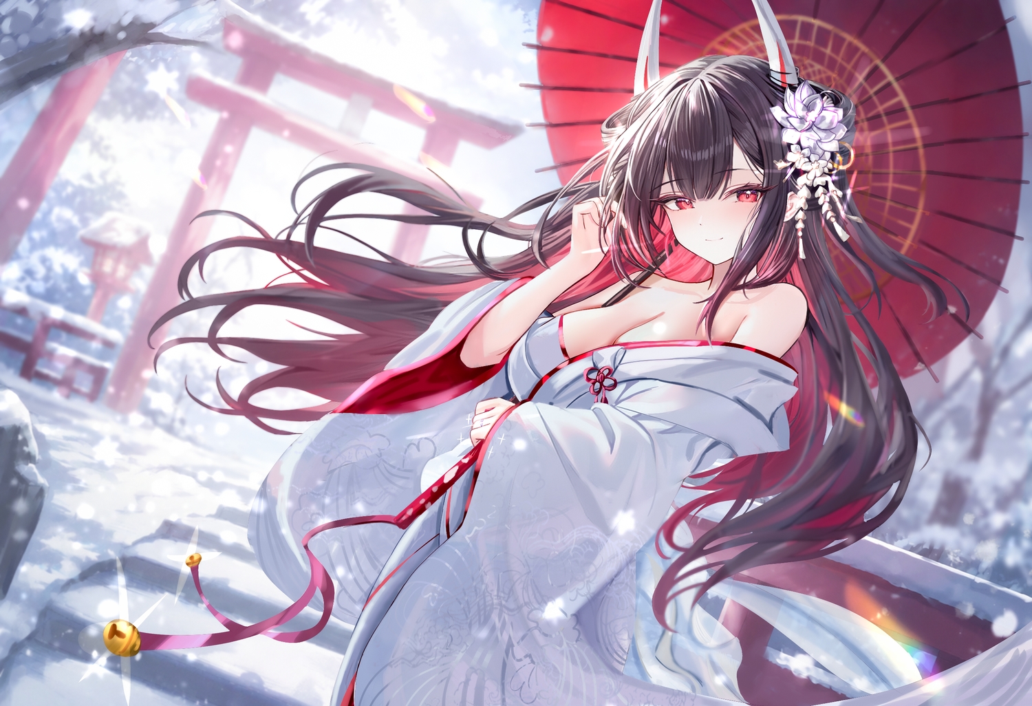 age_fx, anthropomorphism, azur_lane, bell, breasts, brown_hair, cleavage, hatsuzuki_(azur_lane)